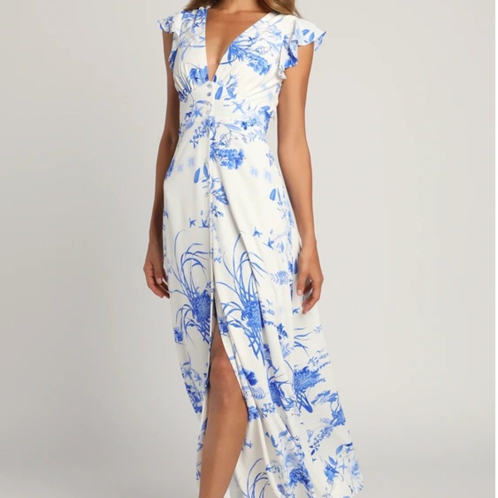 Botanical Bliss White Floral Print Flutter Sleeve Maxi Dress Lulus